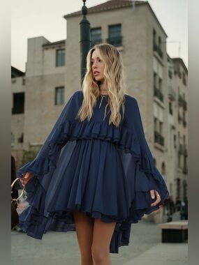 NWT Commense Chiffon Ruffle Cape Dress – XS, Navy, Flowy